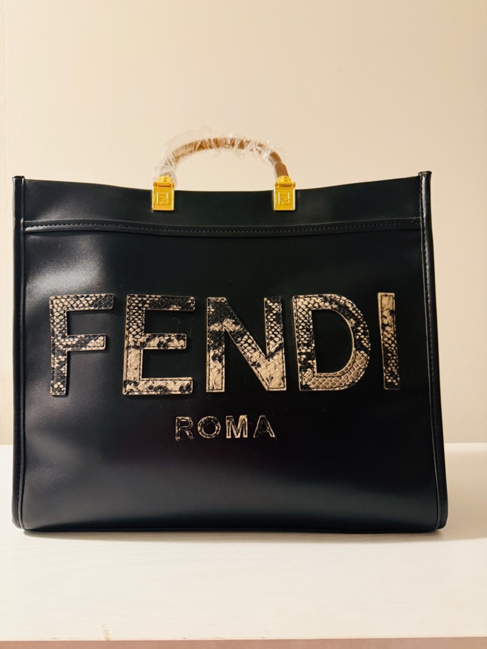 Fendi Black Leather Logo Tote with Snakeskin Accents